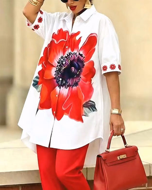Chemise Imprimé Grande Fleur Manche Bouffante