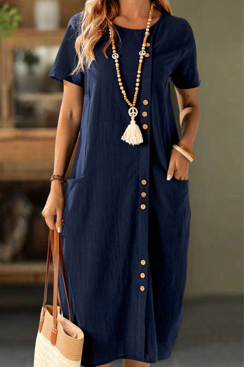 Robe Boutonnée Manches Courtes Poche Shift