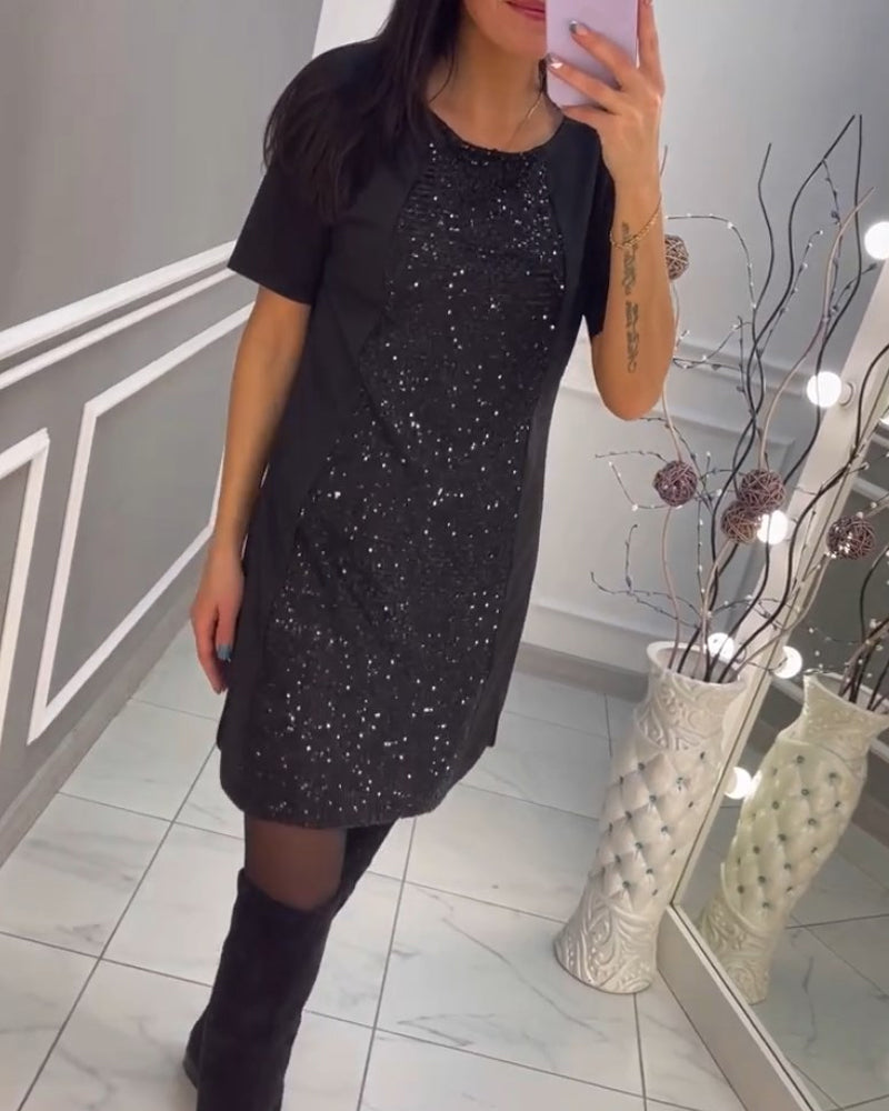 Robe manches courtes à sequins patchwork