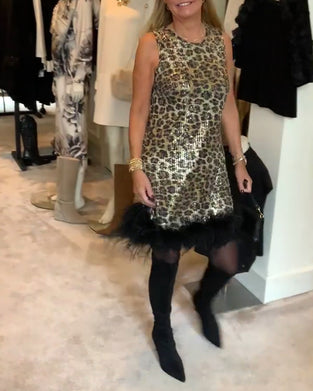 Robe Sans Manches Imprimé Léopard Plume D'Autruche À La Mode