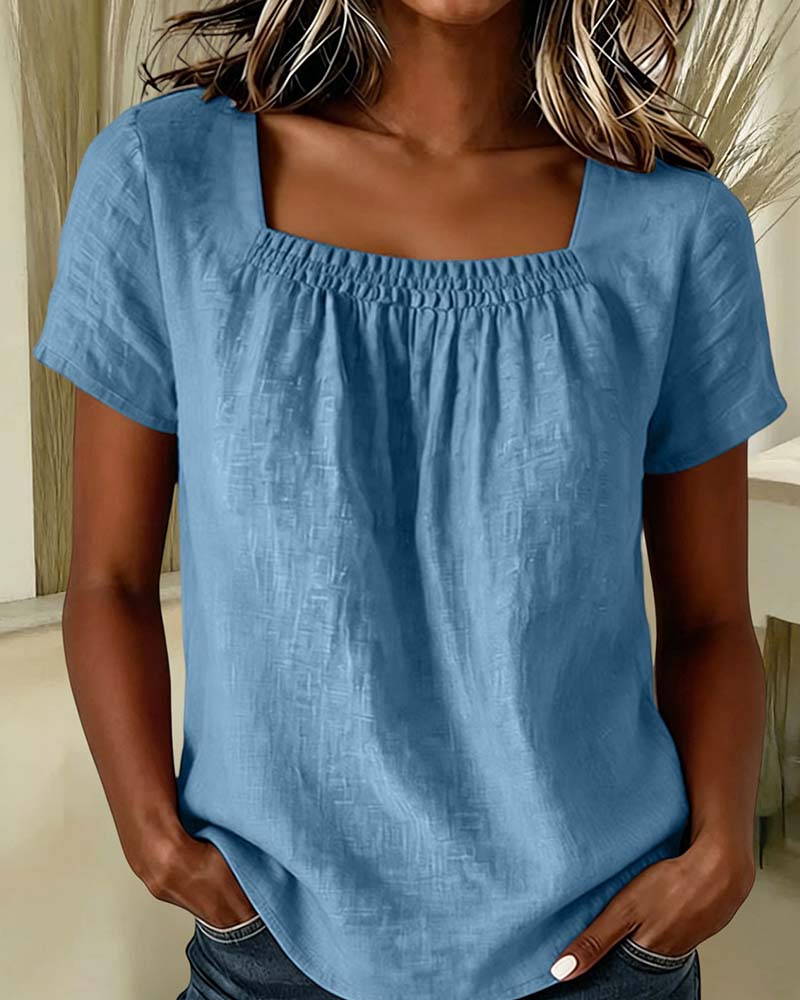 Blouse Col Carré Froncé Manche Courte