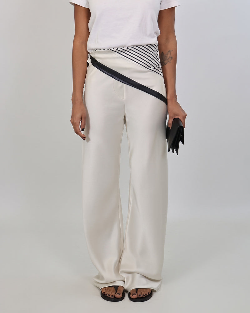 Pantalon Diagonal Rayé Patchwork Uni Jambe Large