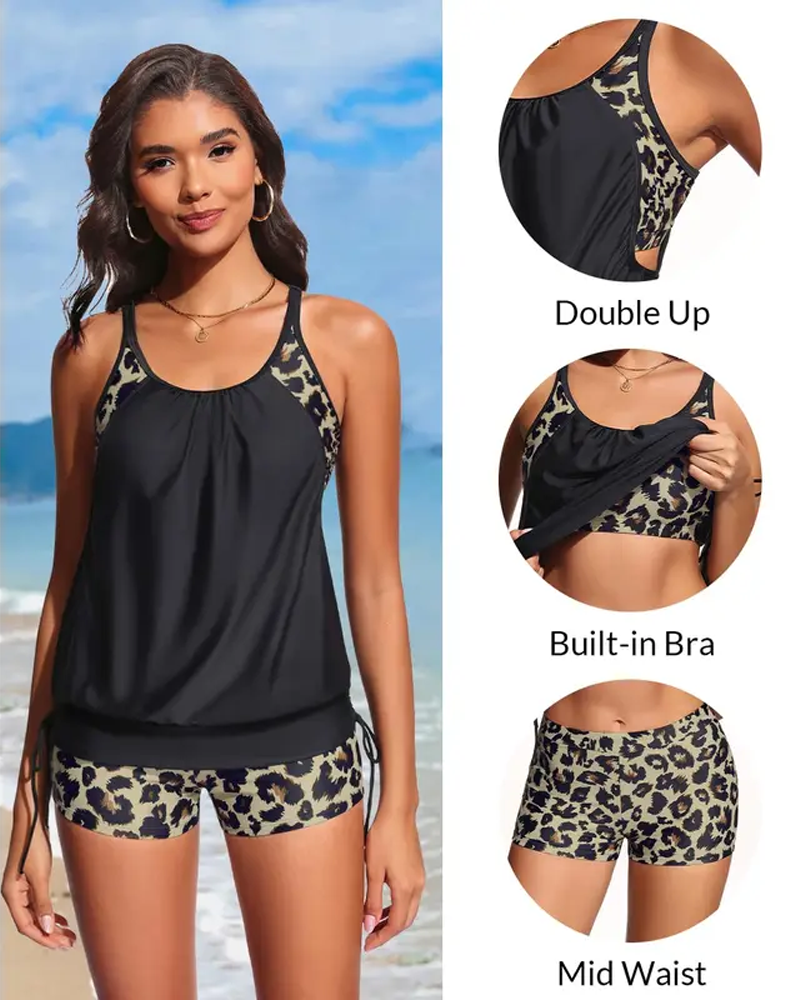 Tankini Sans Manches Léopard Patchwork Cordon De Serrage