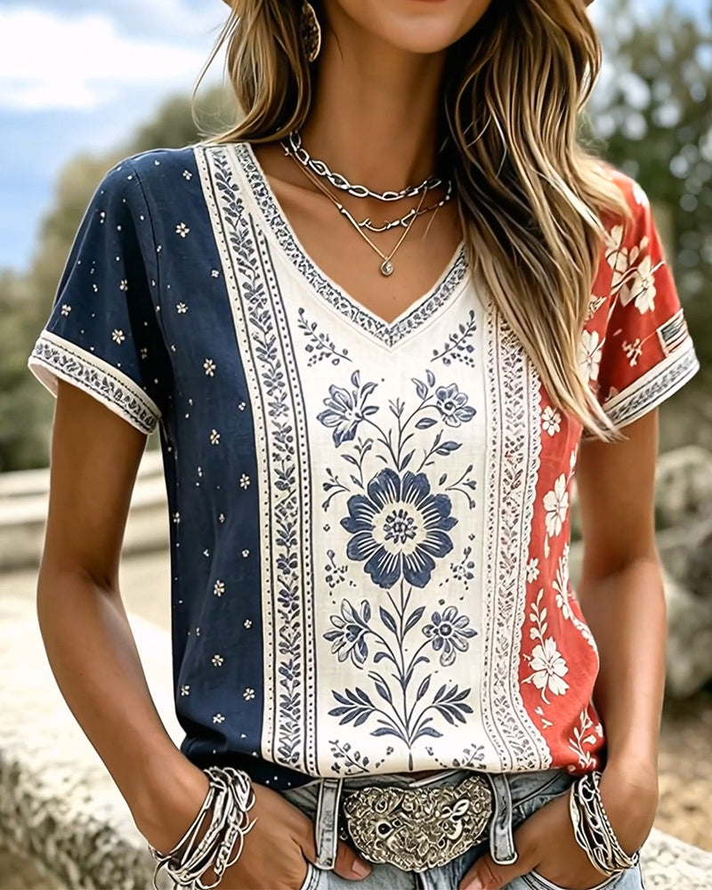 T-Shirts Colorblock Ethnique Floral Col V