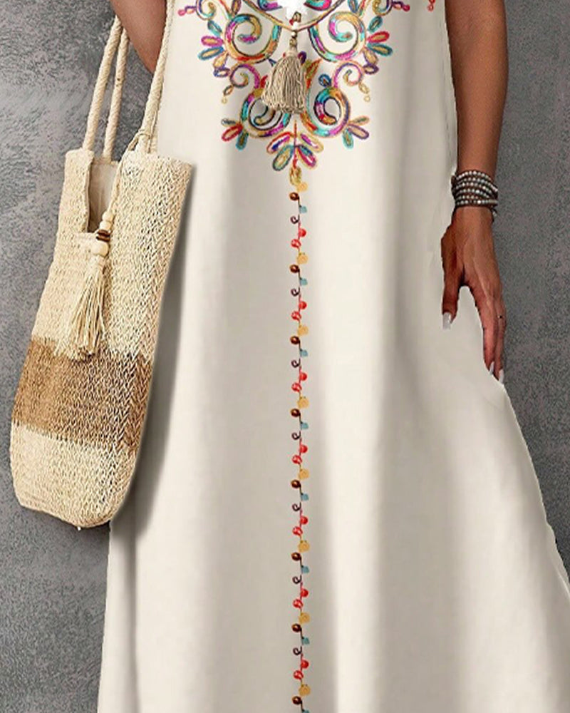 Robe Style Ethnique Imprimé Sans Manches Fente Longue