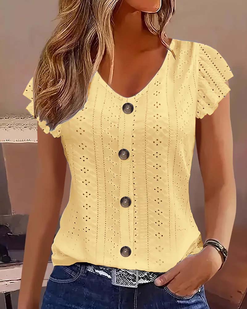 Blouse Manches Papillon Évidé Bouton