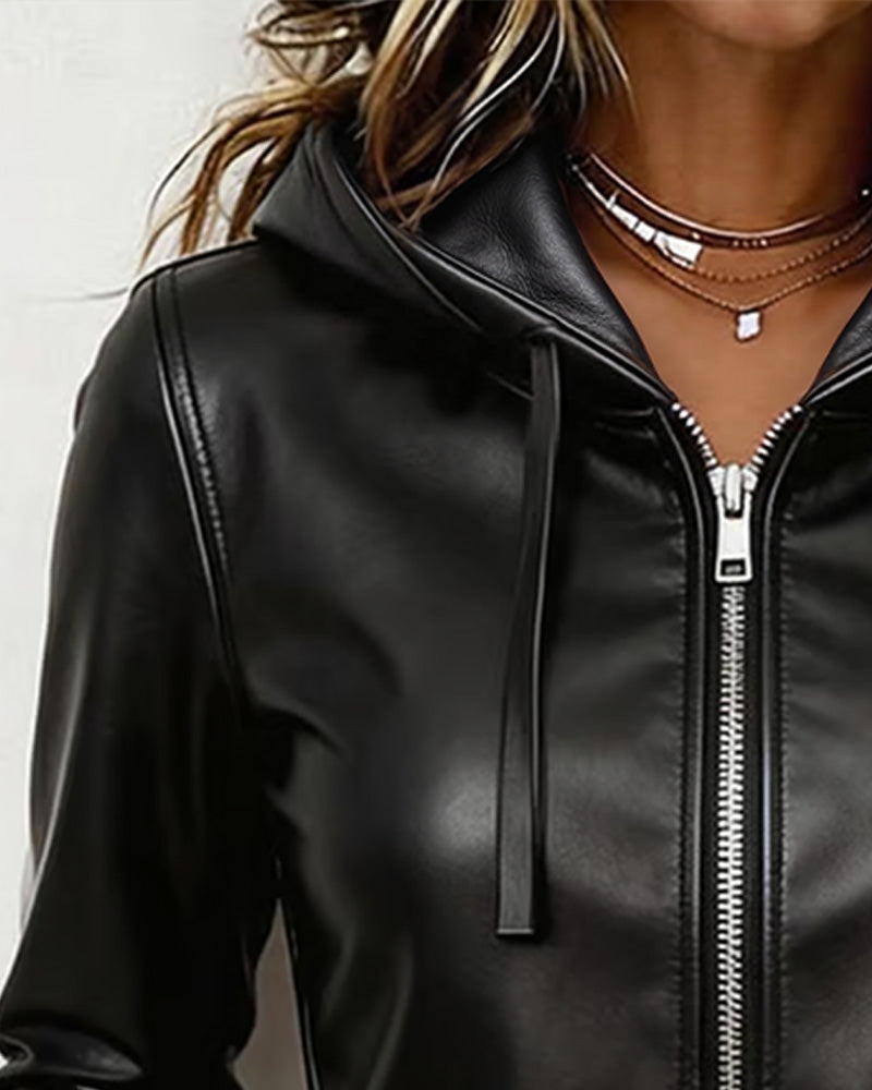 Manteau Capuche Similicuir Fermeture Éclair