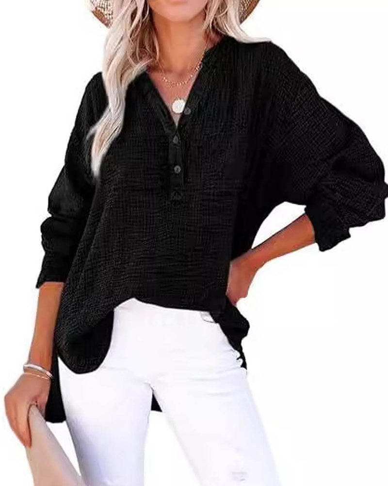 Blouse Plissée Bouton Manches Longues