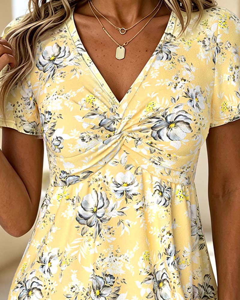 T-Shirt Col V Twist Floral Manche Courte