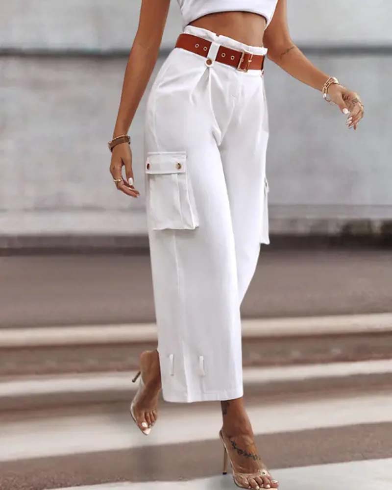 Pantalon cargo décontracté avec poche de couleur unie