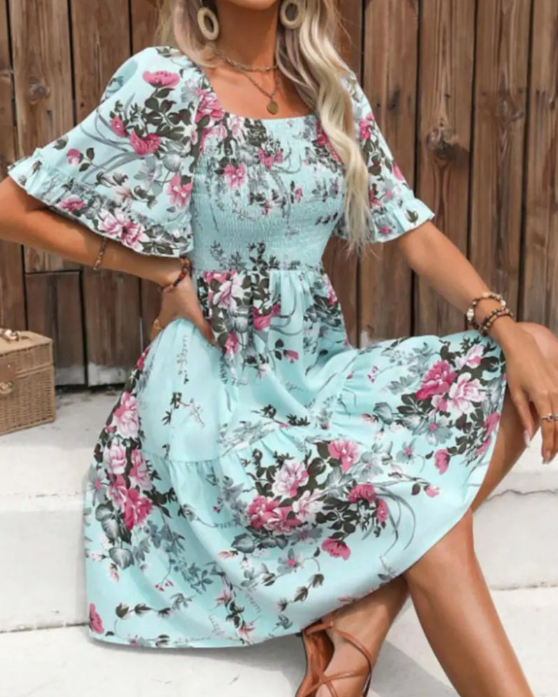 Robe Col Carré Florale Taille A-Ligne
