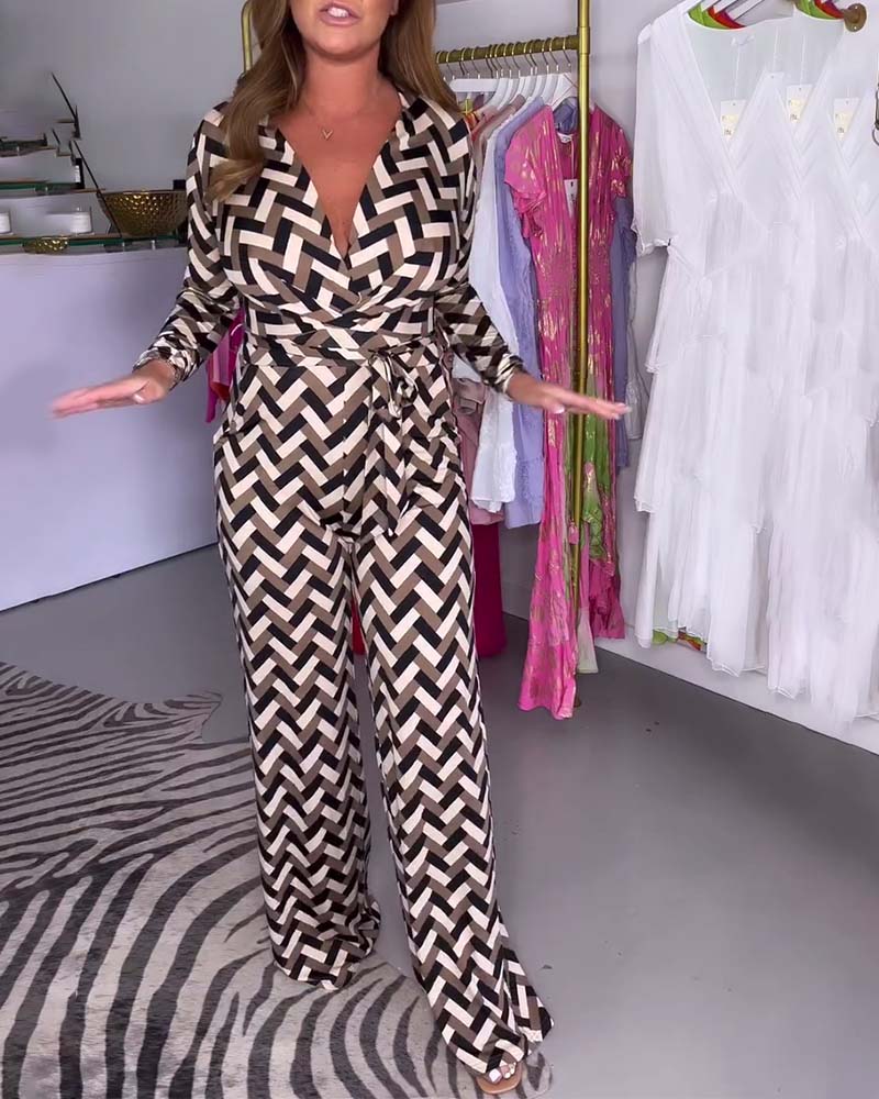Combinaison imprimée à la mode à manches longues en V profond