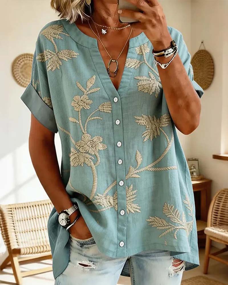 Blouse Col-V Imprimée Manches Courtes