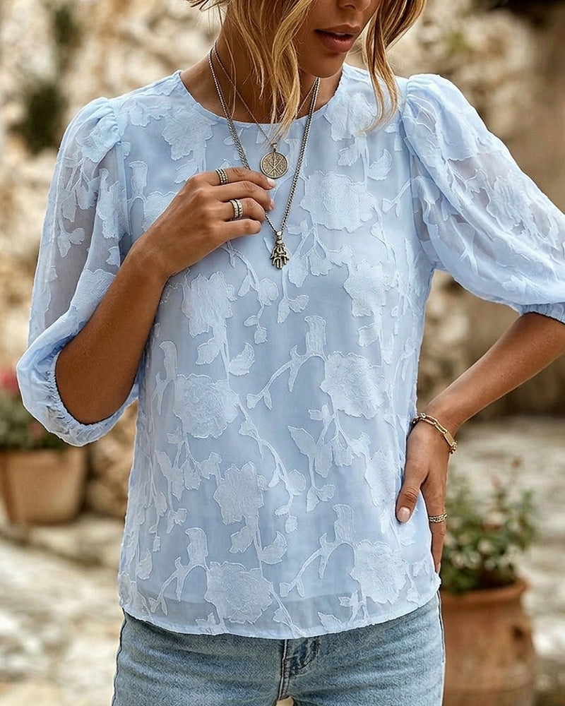 Blouse Col Rond À Manches Bouffantes