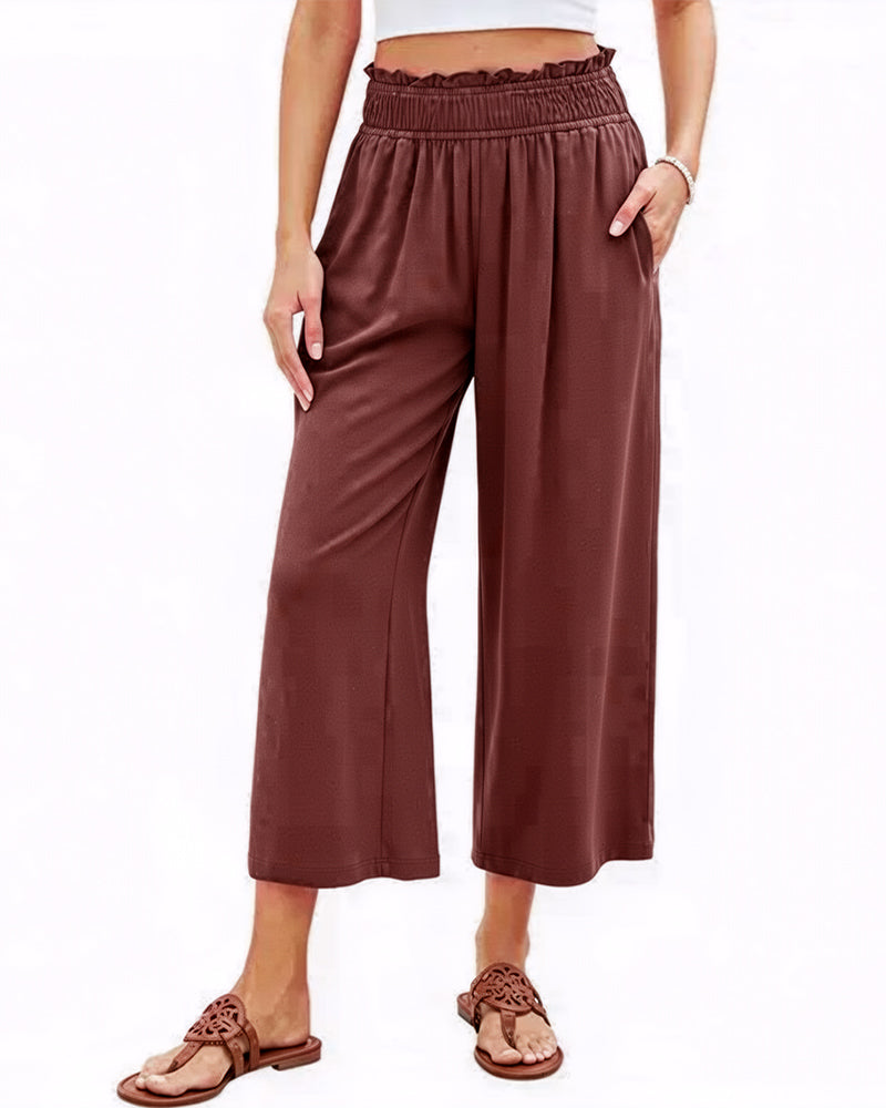 Pantalon Volant Taille Haute Large Jambe Racourci