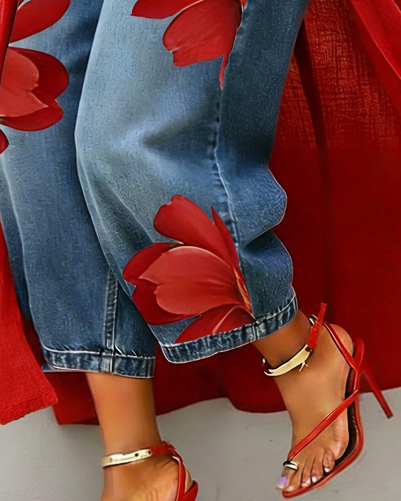 Jeans À Imprimé Floral Court Jambe Large