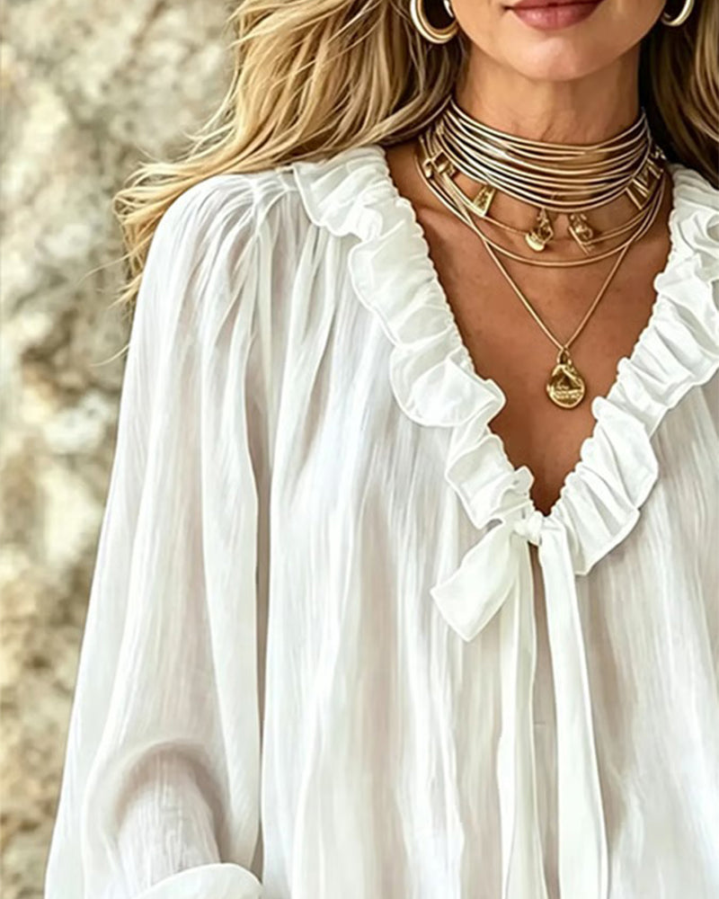Blouse Col Volant Attache Manche Longue