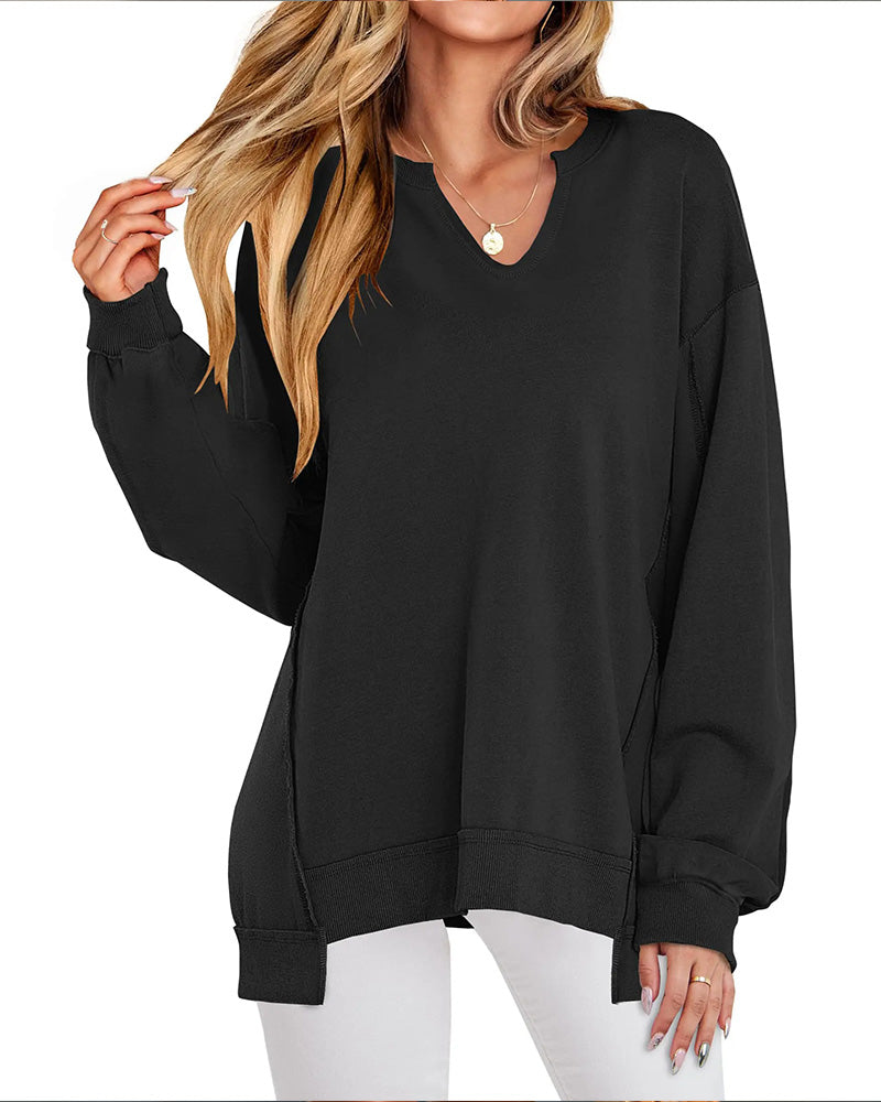 Sweat Petit Col V Ample Décontracté Manches Longue