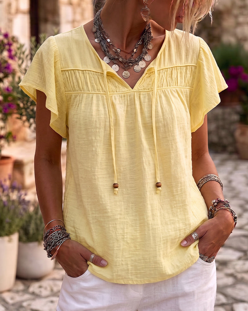 Blouse Col V Unie Décontractée