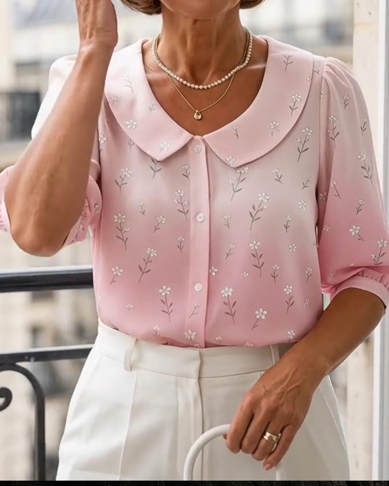 Blouse Florale Col Peter Pan Manche Bouffante