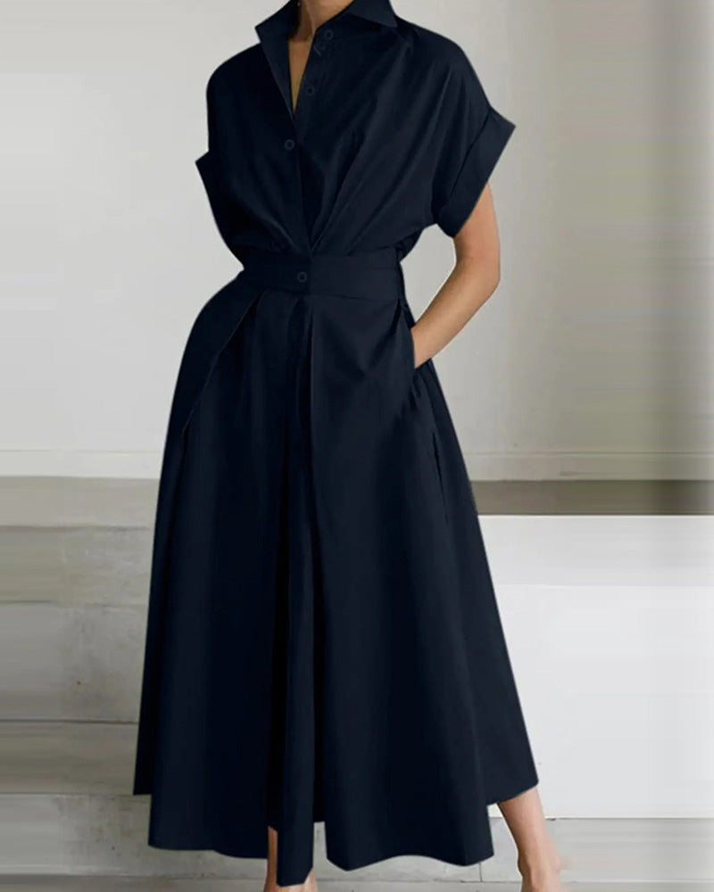 Robe A-Ligne Attache Taille Haute Bouton