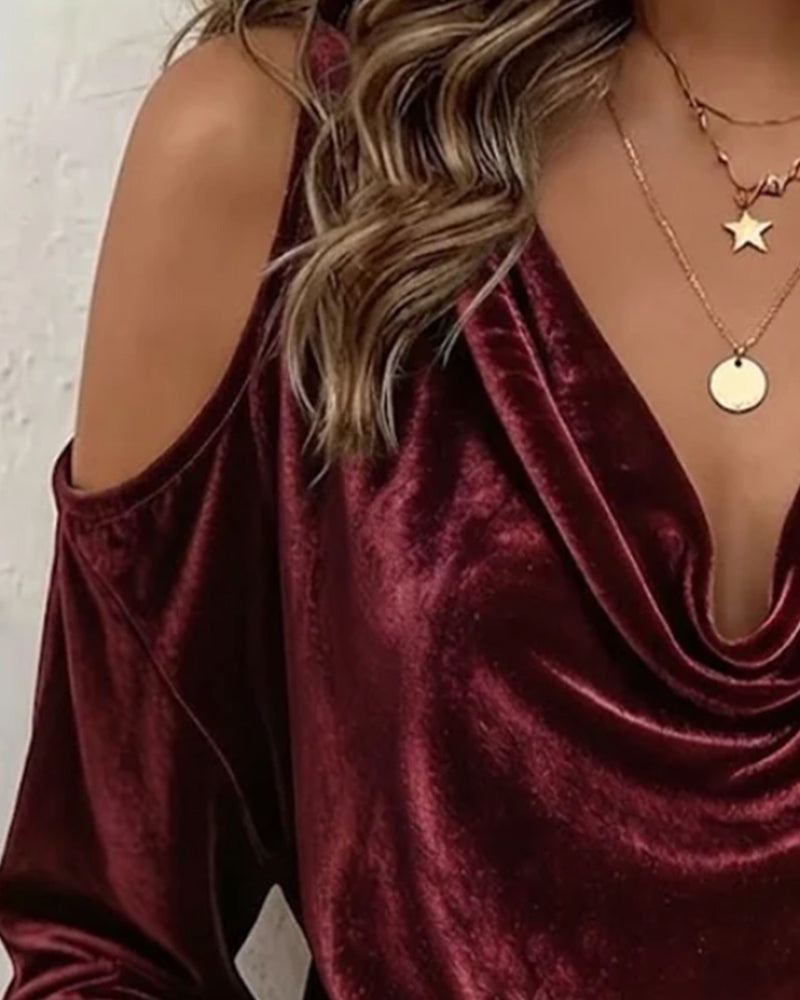Blouse Velours Bardot Col Drapé Manches Longues