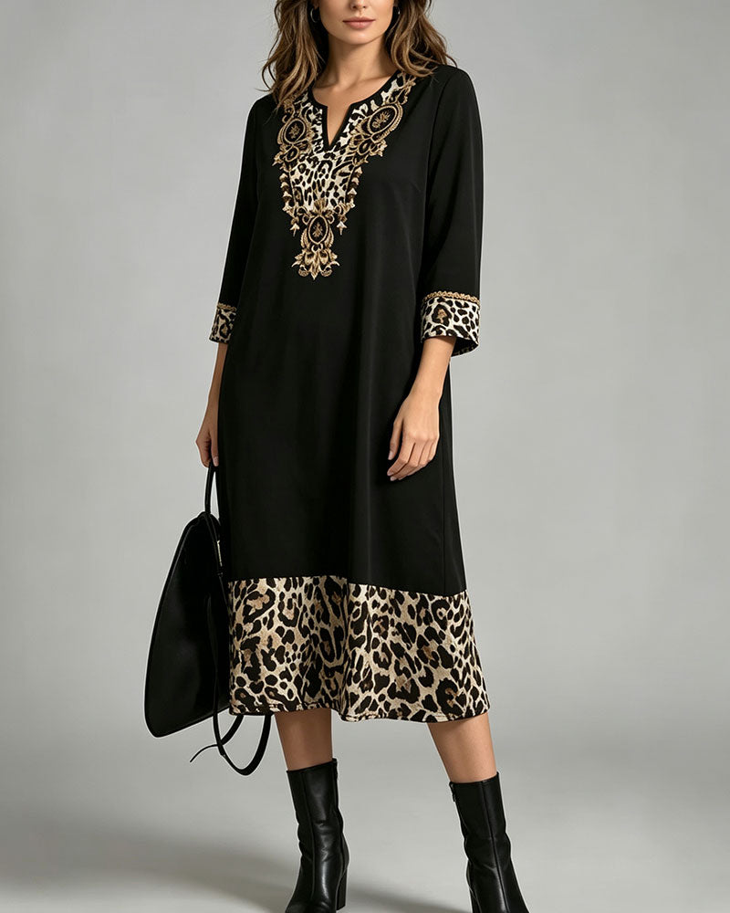 Dress Mini Col V Léopard Imprimé Patchwork Lâche