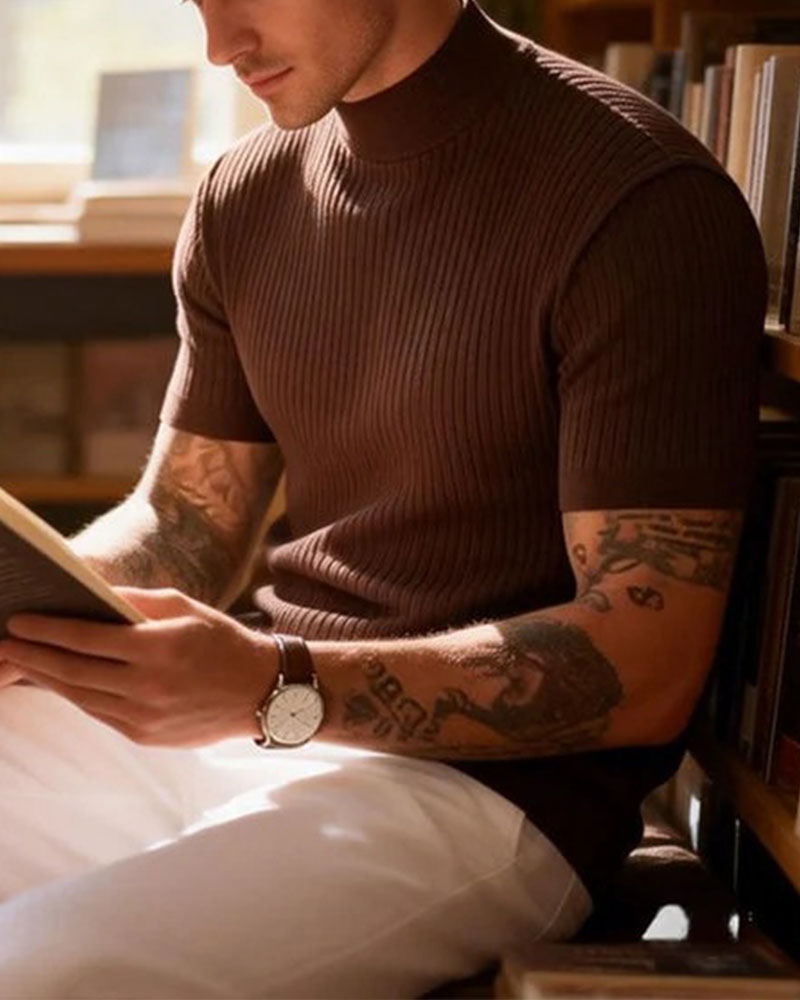 T-Shirt Col Mock Neck Homme Manche Courte