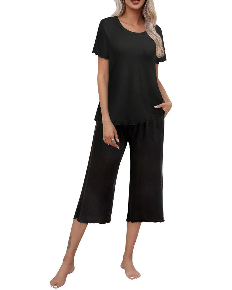Ensemble Col Rond Imprimé Léopard Manche Courte Pantalon Sept-Points