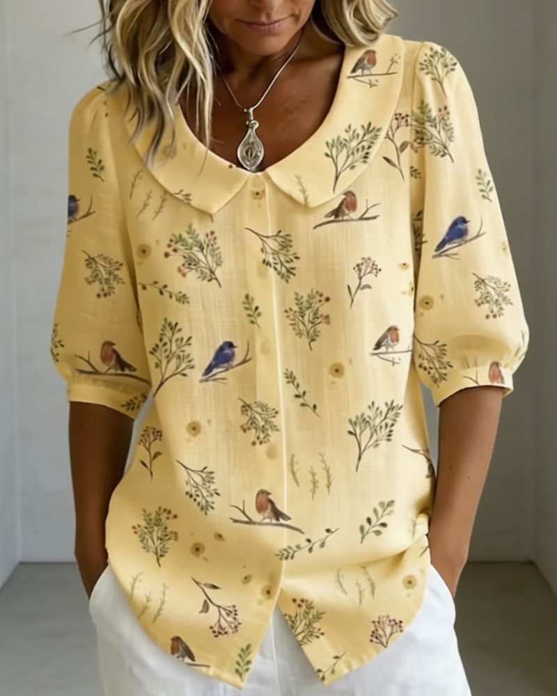 Chemise Motif Oiseau Col Peter Pan