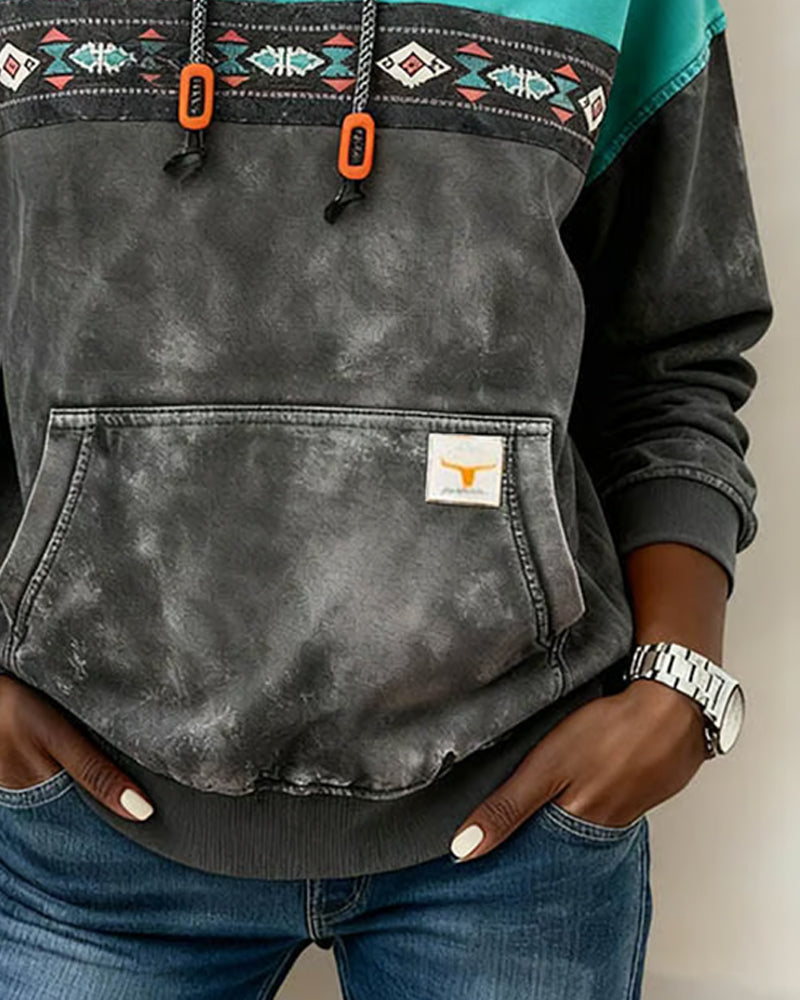 Sweat À Capuche Rétro Avec Poche Et Coupe De Couleur