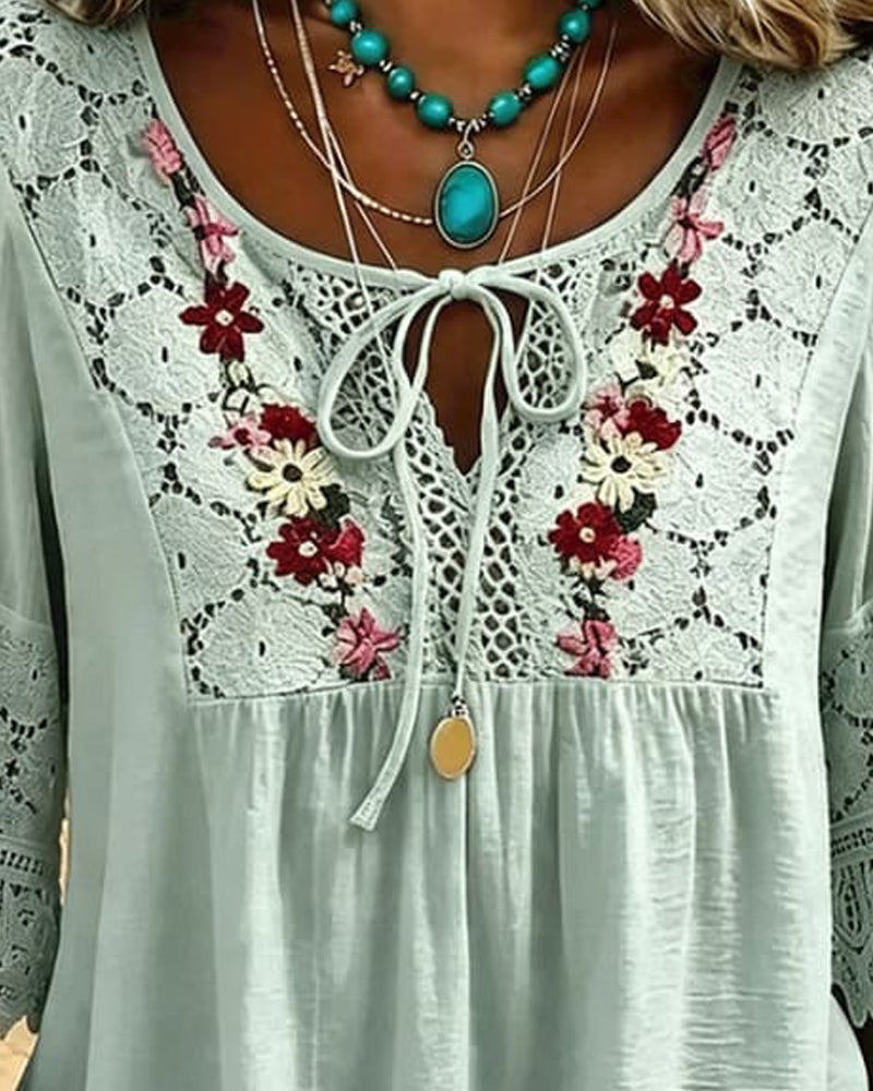 Blouse Attache Panneau Dentelle Décontractée