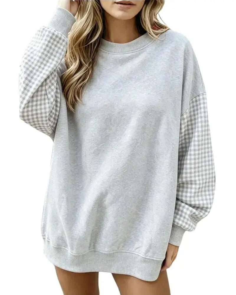 Sweatshirt Col Rond Écossais Patchwork Uni