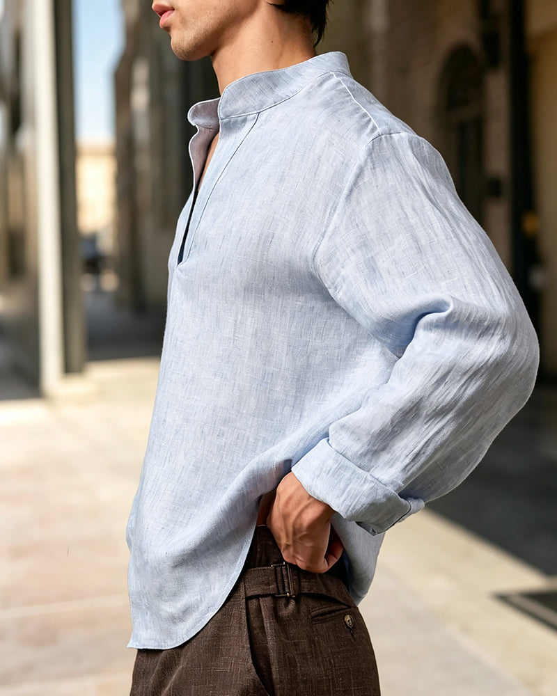 Chemise Homme Col V Col Monté Manches Longues Décontractée