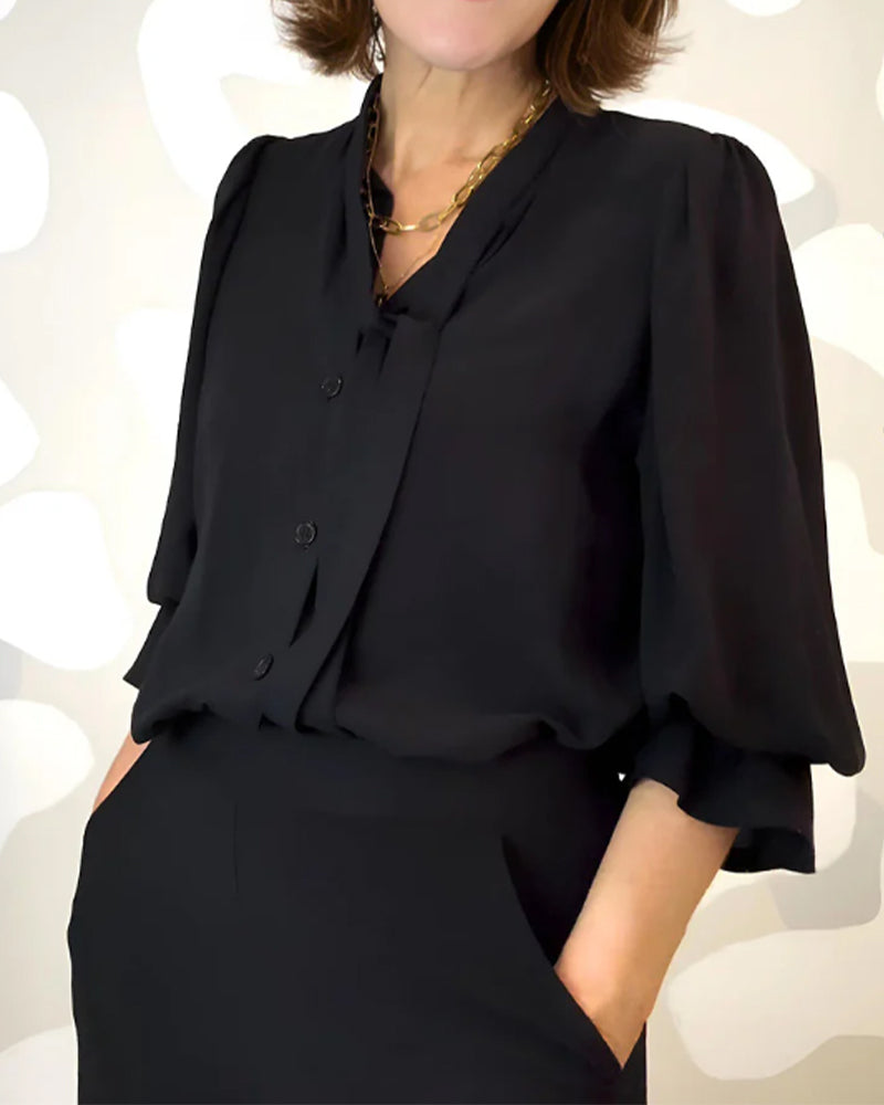 Blouse Col En V Volant Attacher Manche Évasée