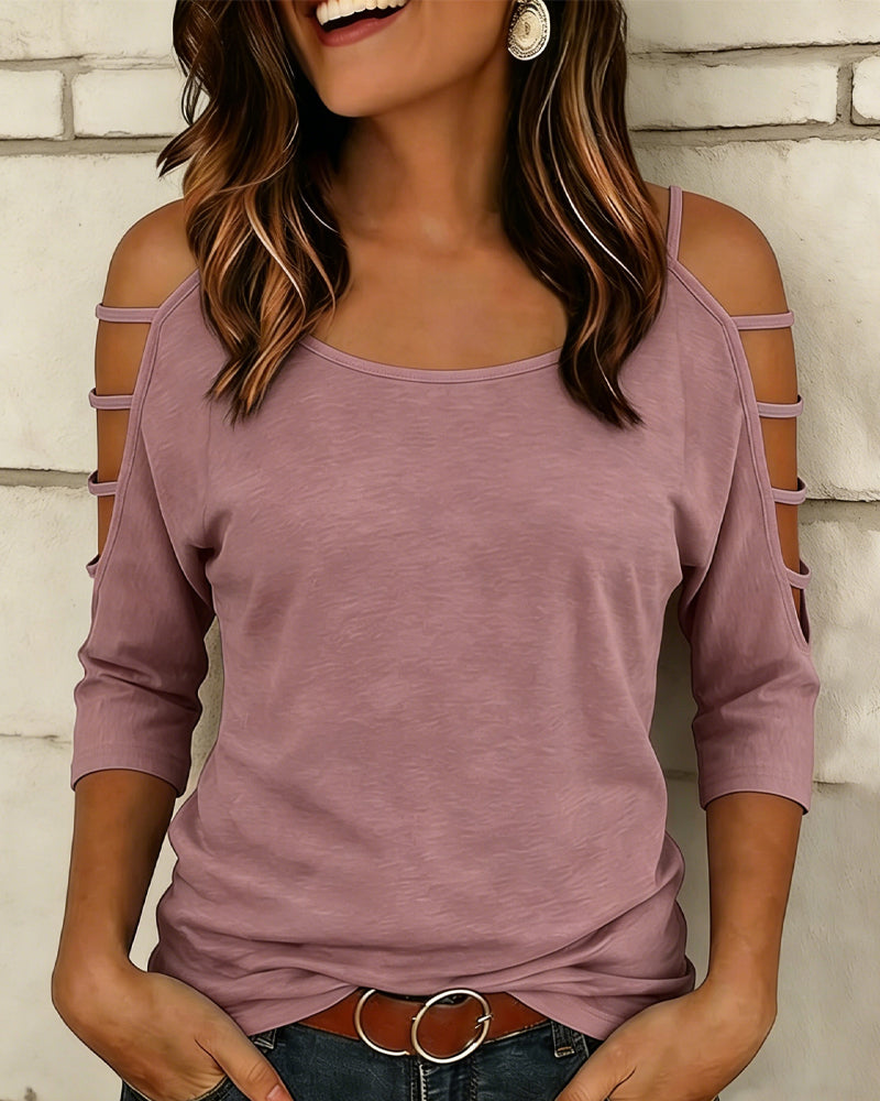 T-Shirt Unie Manche Coude Hors Épaule