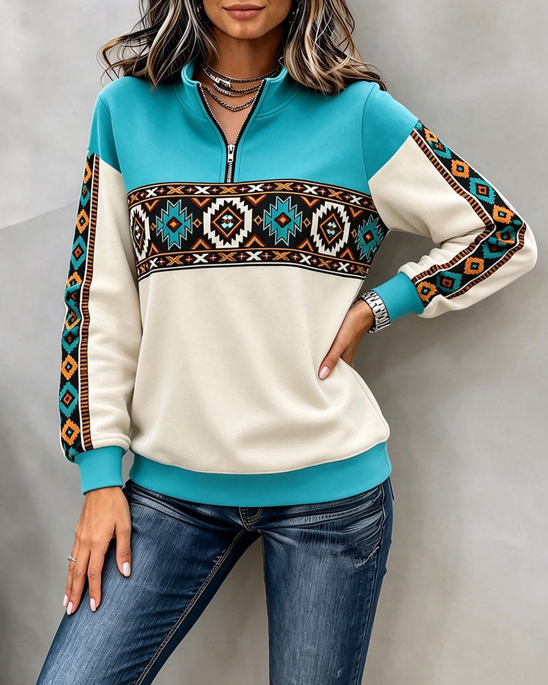 Hoodie Imprimé Géométrique Ethnique Demi-Fermeture Éclair Col Mandarin