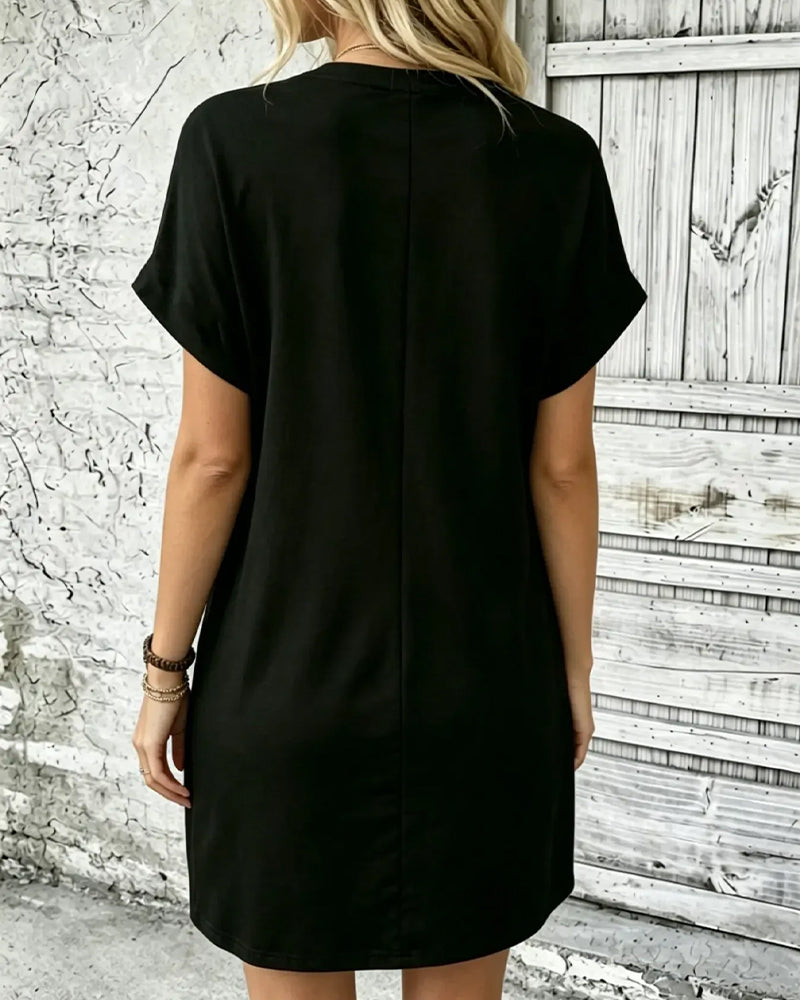 Robe Col Rond Double Poche Unie Décontractée