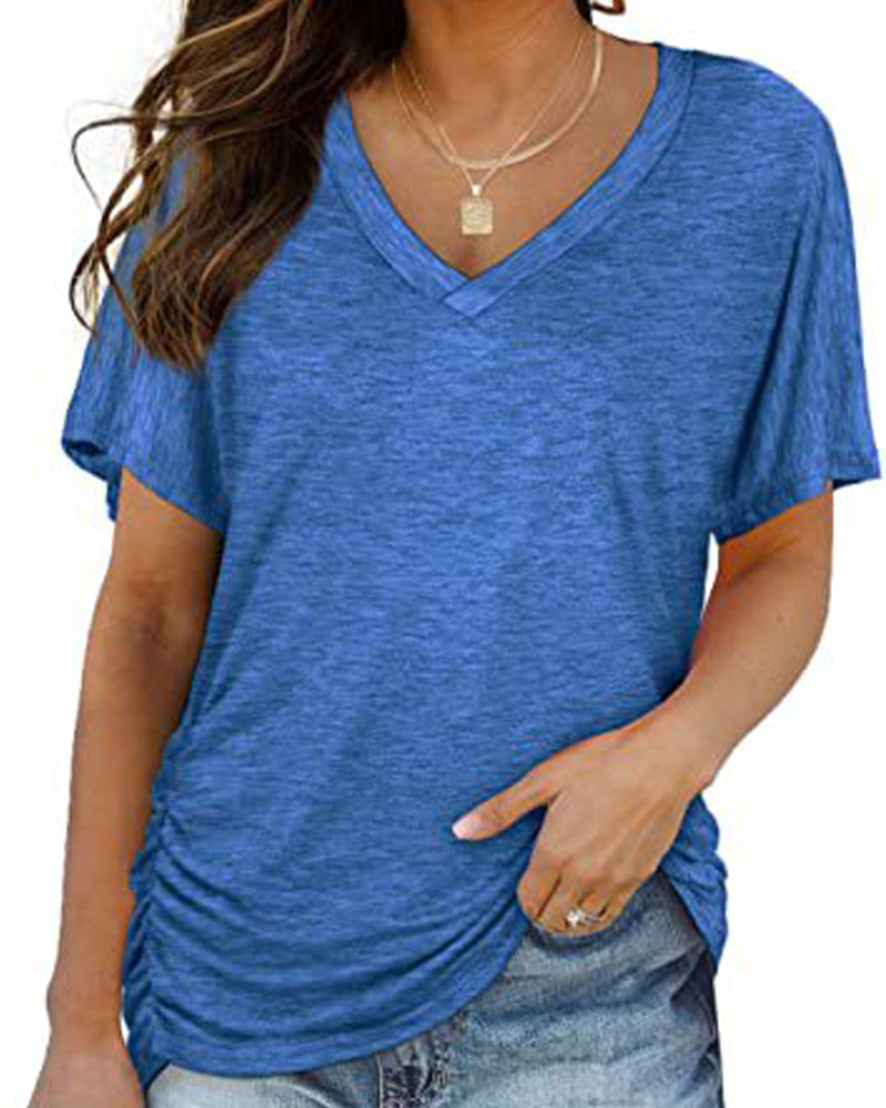 T-Shirt Plissé Uni Col En V