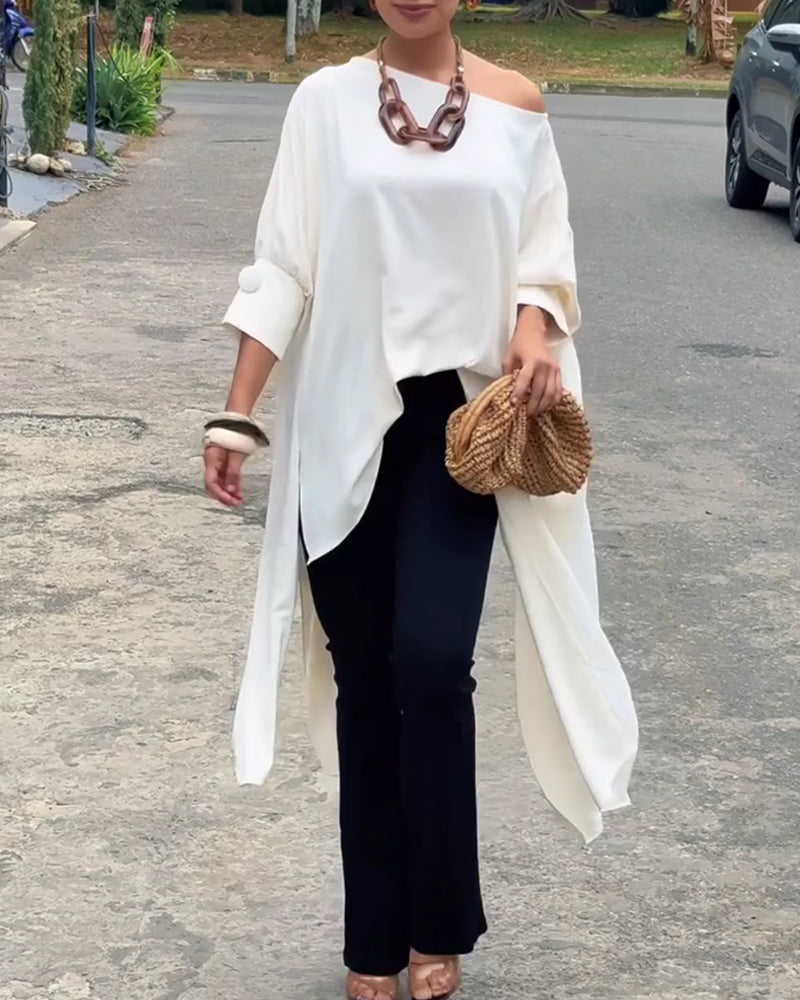 Blouse Col Asymétrique Irrégulier Fente Manche Coude