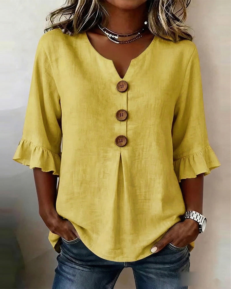 Blouses Unies Coton-Lin Boutons En Bois Volants