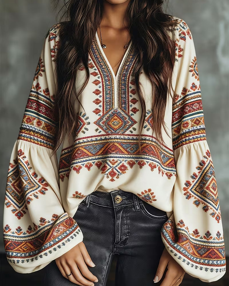 Blouse Ethnique Géométrique Imprimé Manche Lanterne