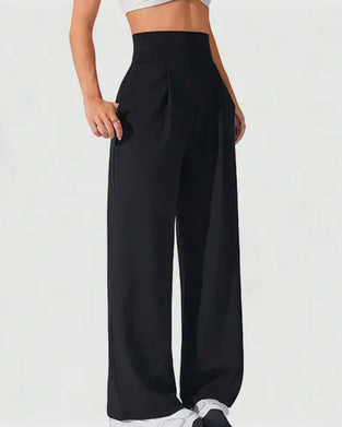 Pantalon Taille Haute Poche Uni Jambe Large