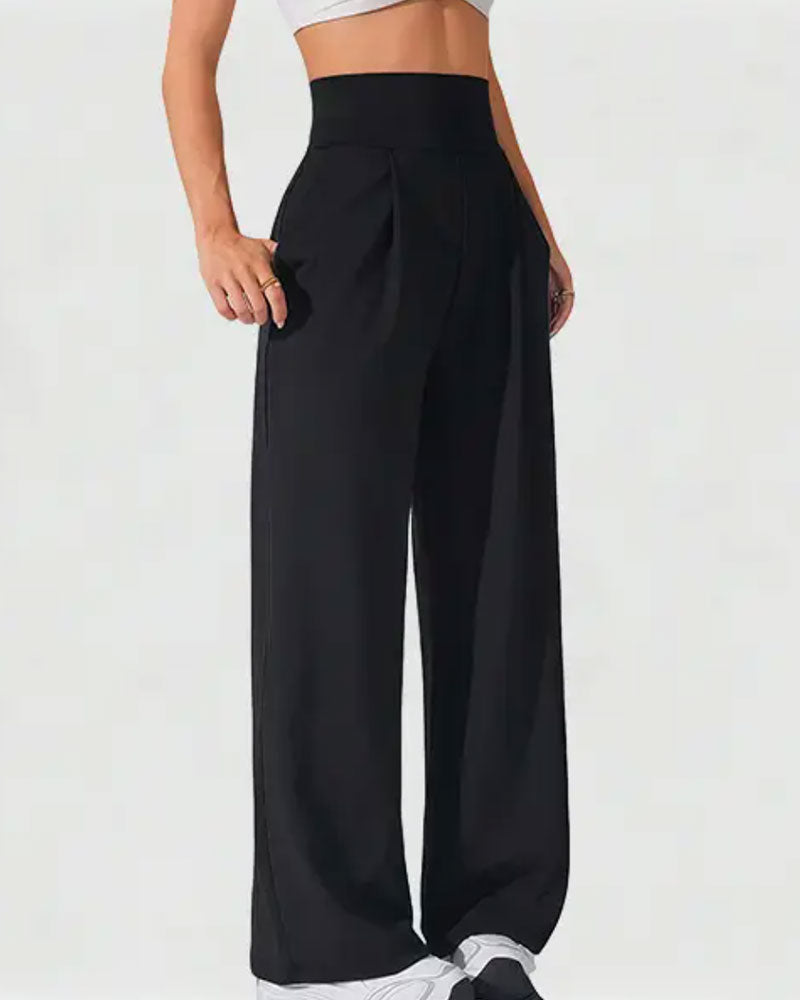 Pantalon Taille Haute Poche Uni Jambe Large