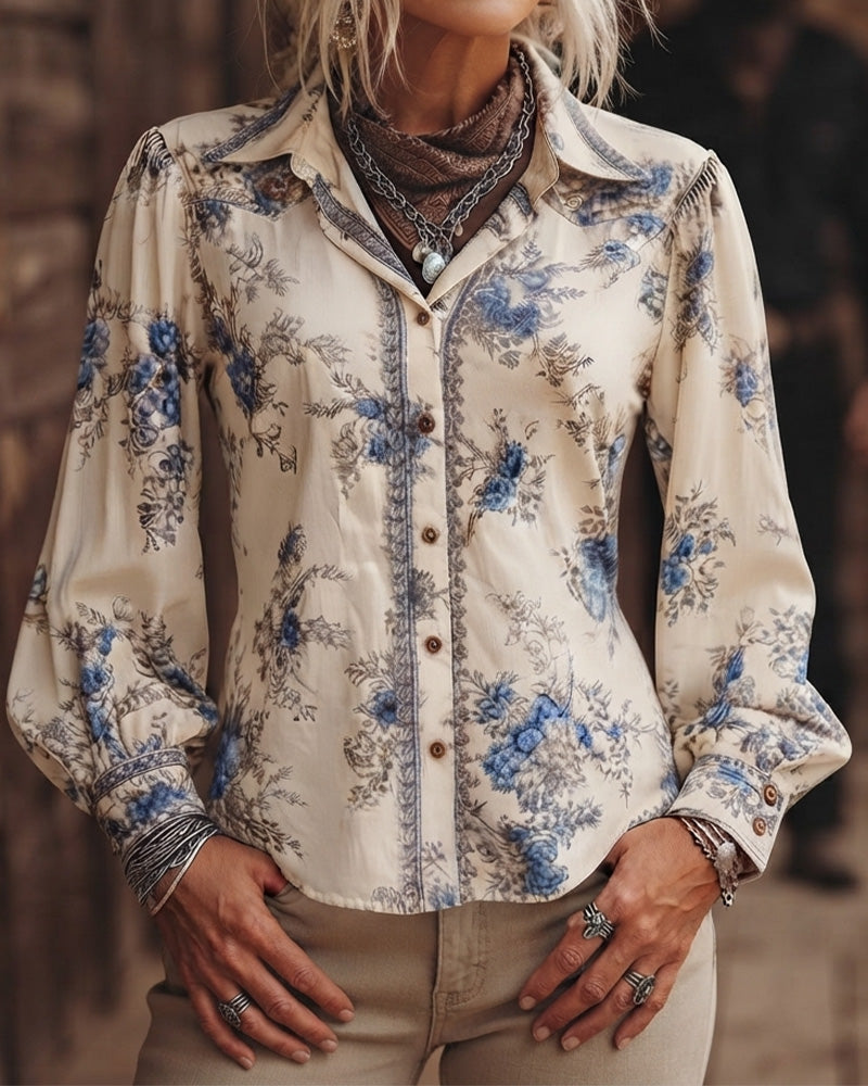 Chemise À Col À Manches Longues À Fleurs Style Vintage