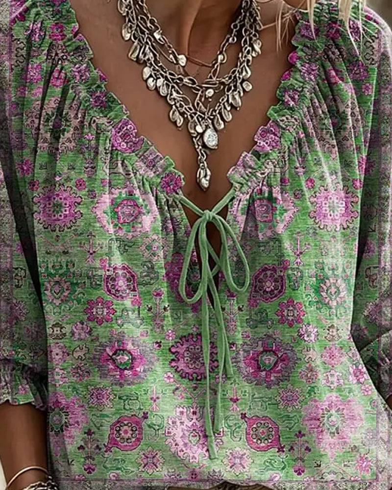 Blouse Col V Attache Vintage Imprimé