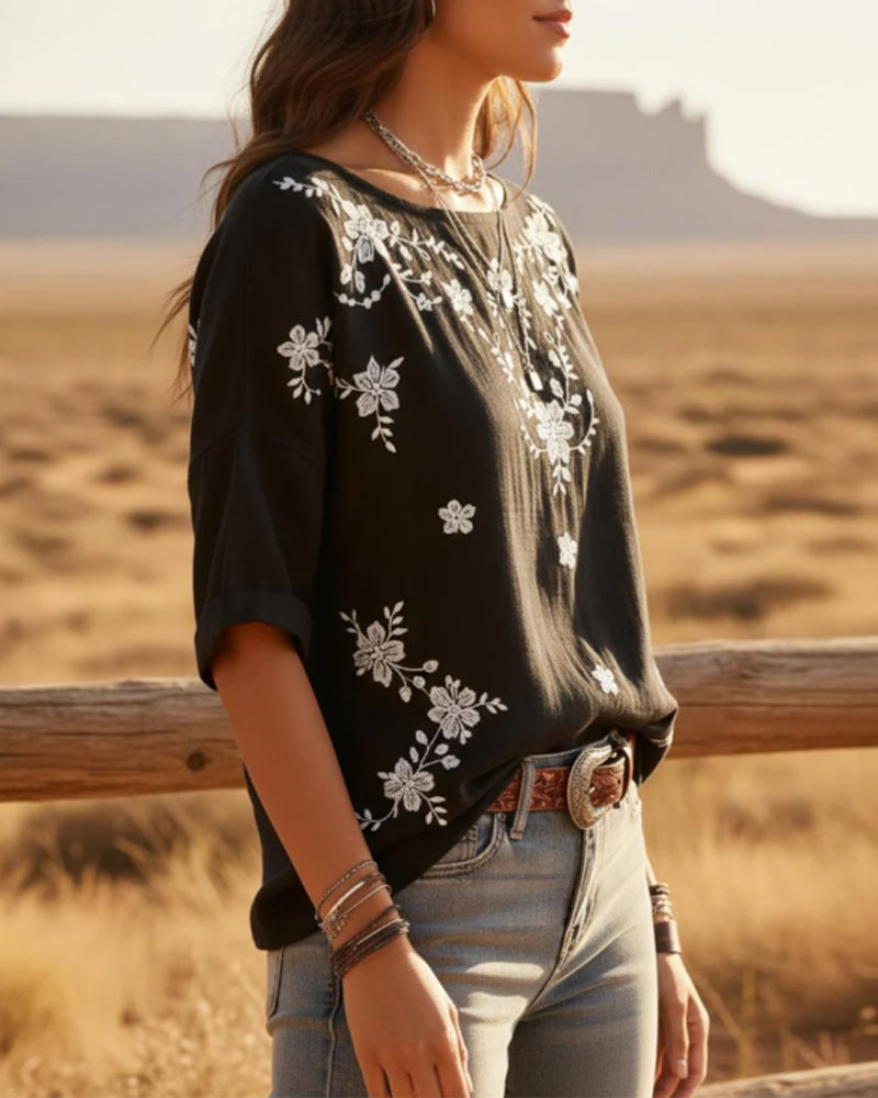 Blouse Col Rond Épaule Tombante Lâche Fleurie