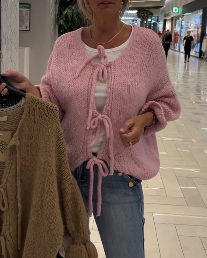 Cardigan décontracté à manches longues et lacets de couleur unie