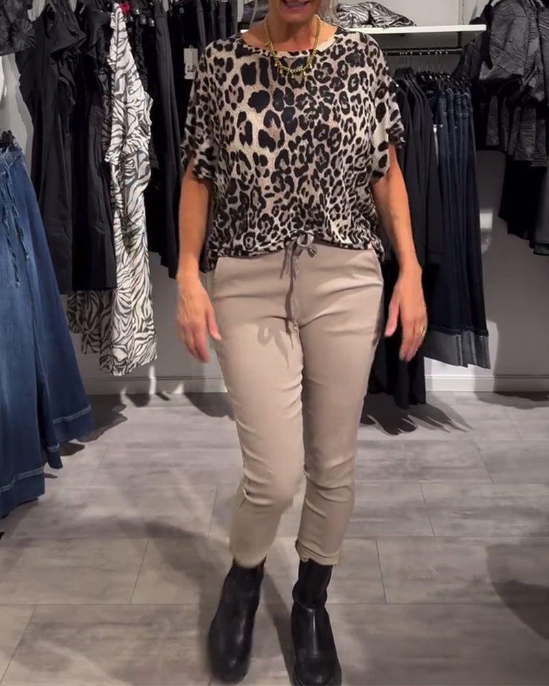 Blouse Col Rond Imprimé Léopard Manches Courtes