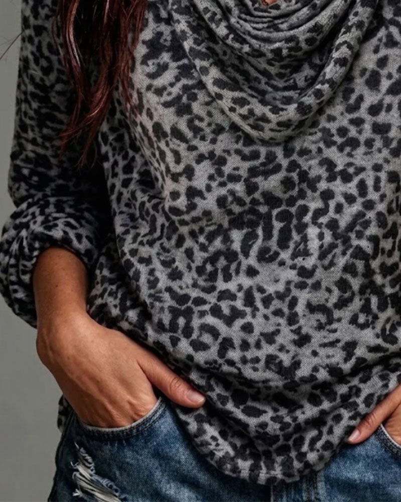 Blouse Col Mock Léopard Manche Longue